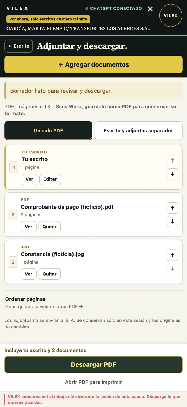 Pantalla Adjuntar y descargar con documentos ficticios