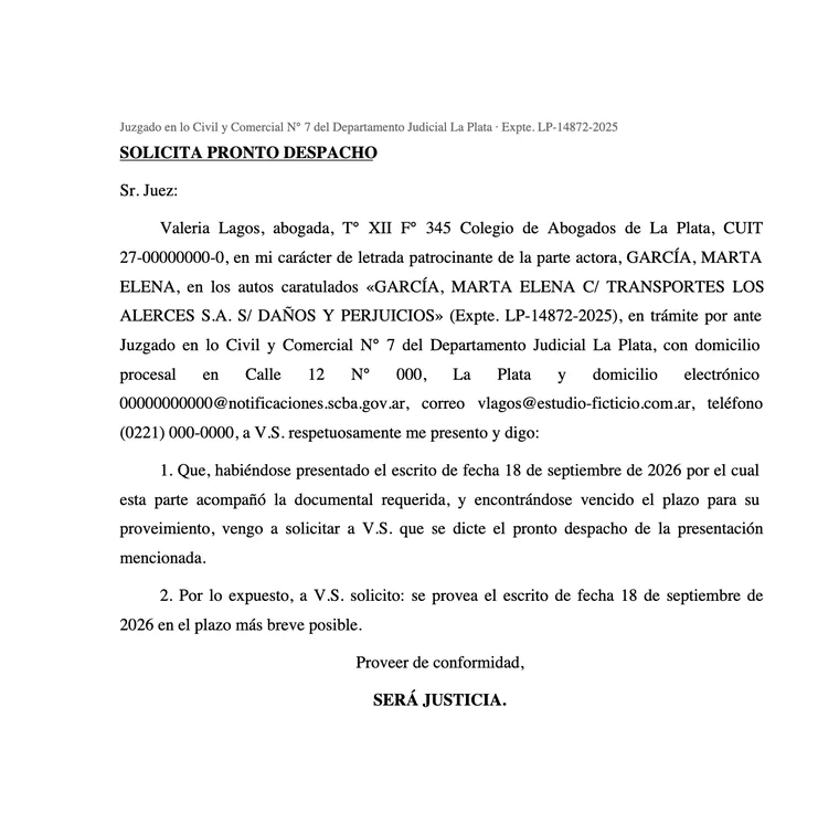 Escrito ficticio de pronto despacho descargado en PDF