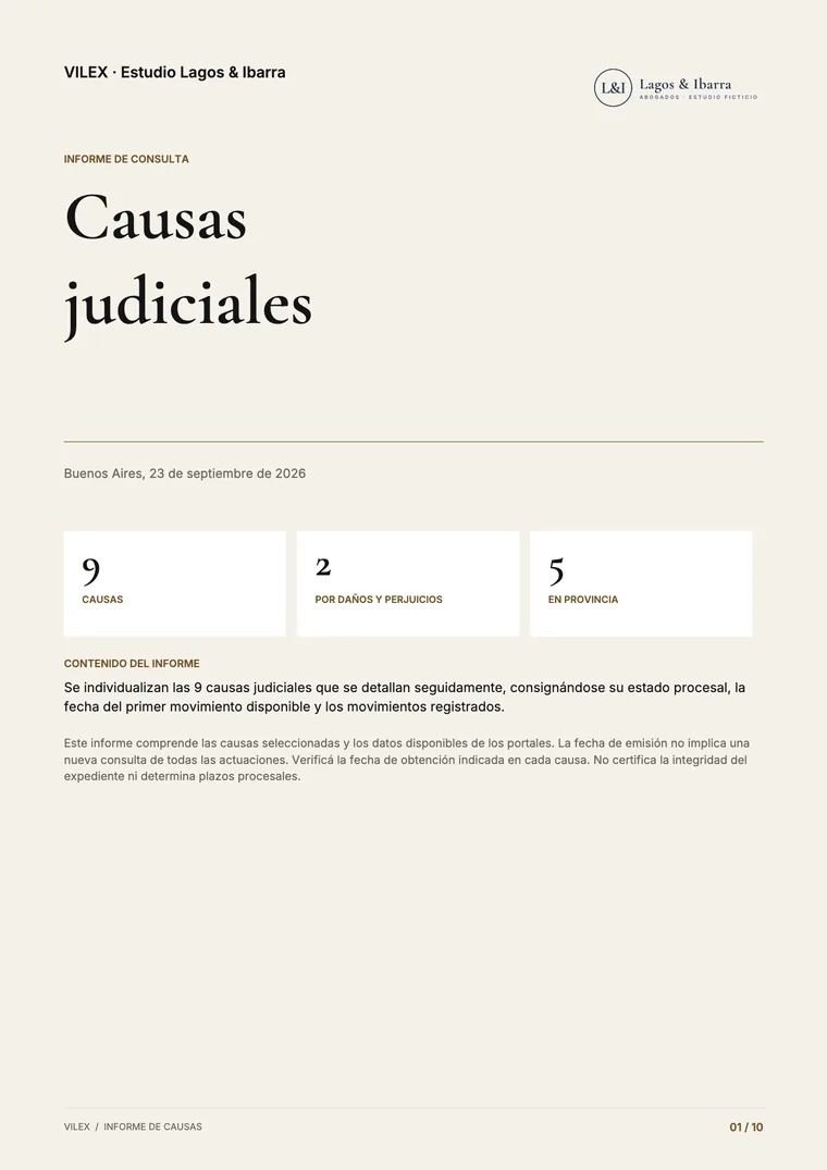 Tapa ficticia de un informe de causas con el logo de un estudio