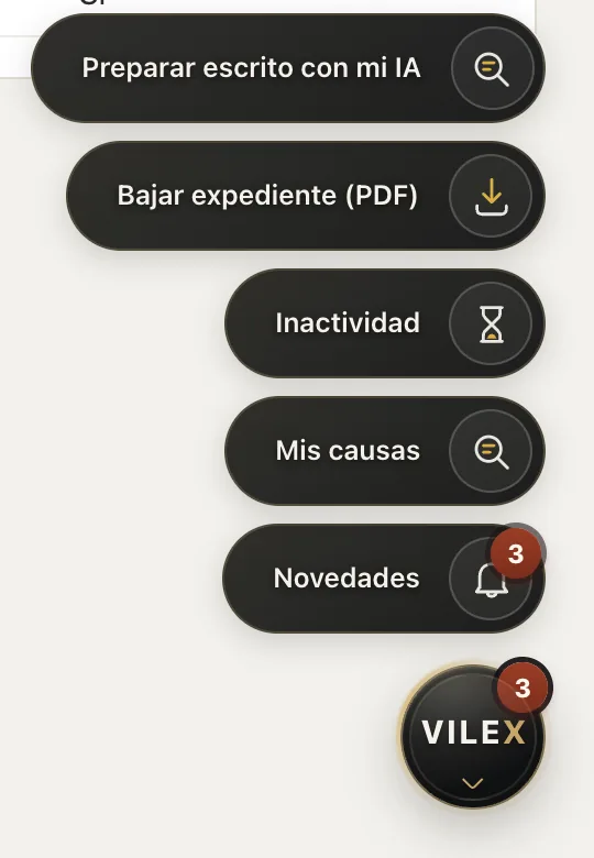 Menú de VILEX con Preparar escrito con mi IA