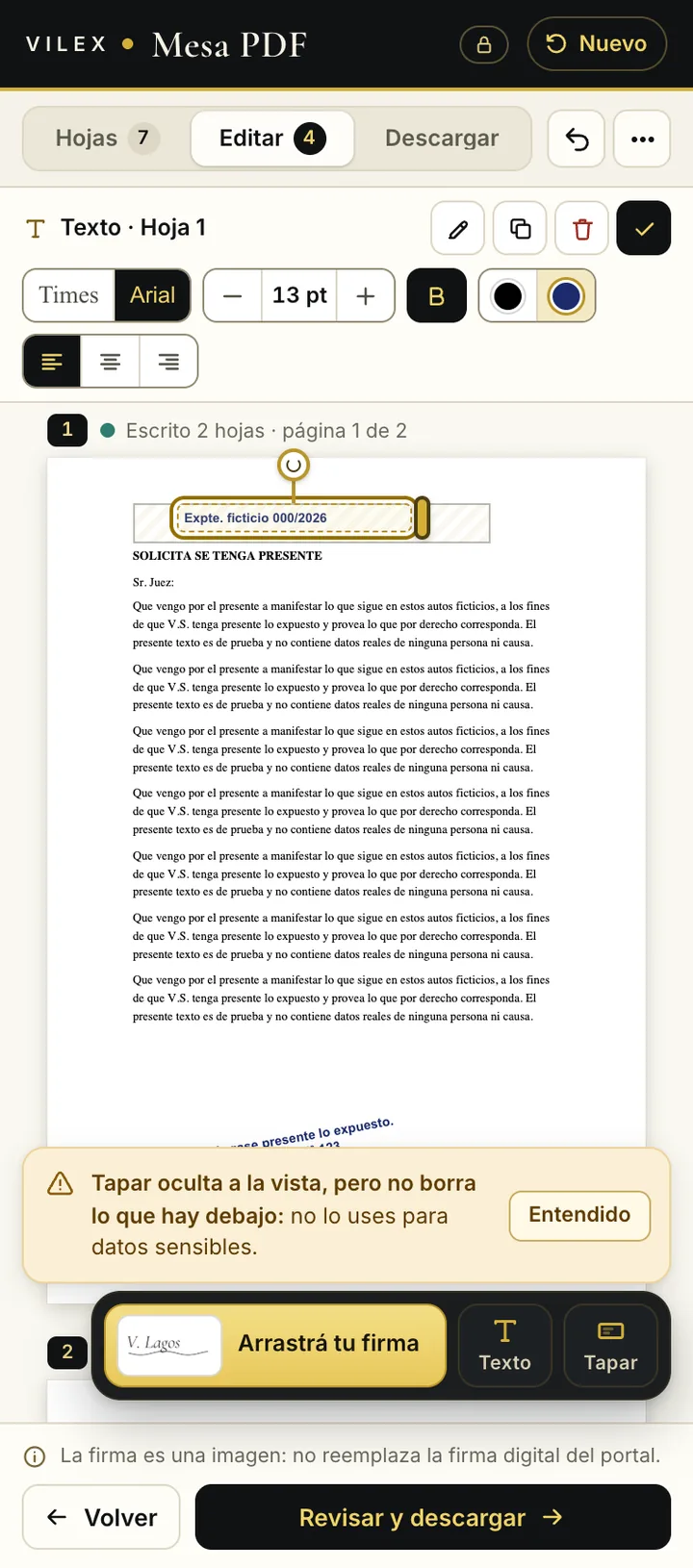Texto agregado a una hoja en la Mesa PDF