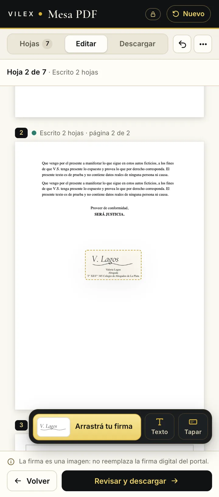 Firma ficticia arrastrada debajo de «Será justicia» en la Mesa PDF