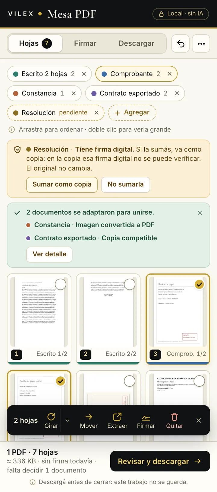 Mesa PDF con documentos ficticios de colores y hojas seleccionadas