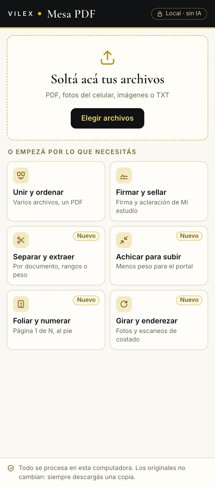 Pantalla de inicio de la Mesa PDF con seis tareas