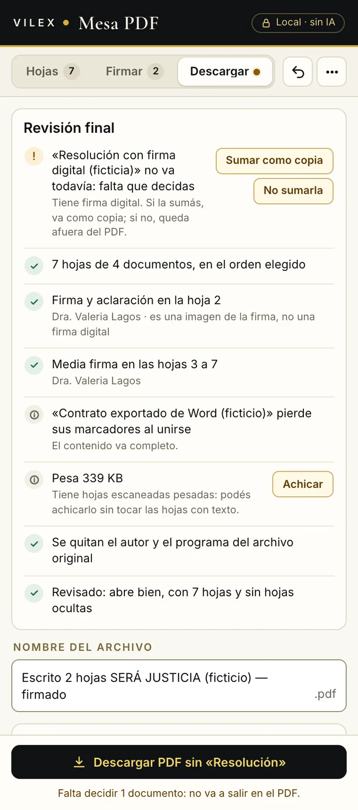 Revisión final de la Mesa PDF antes de descargar