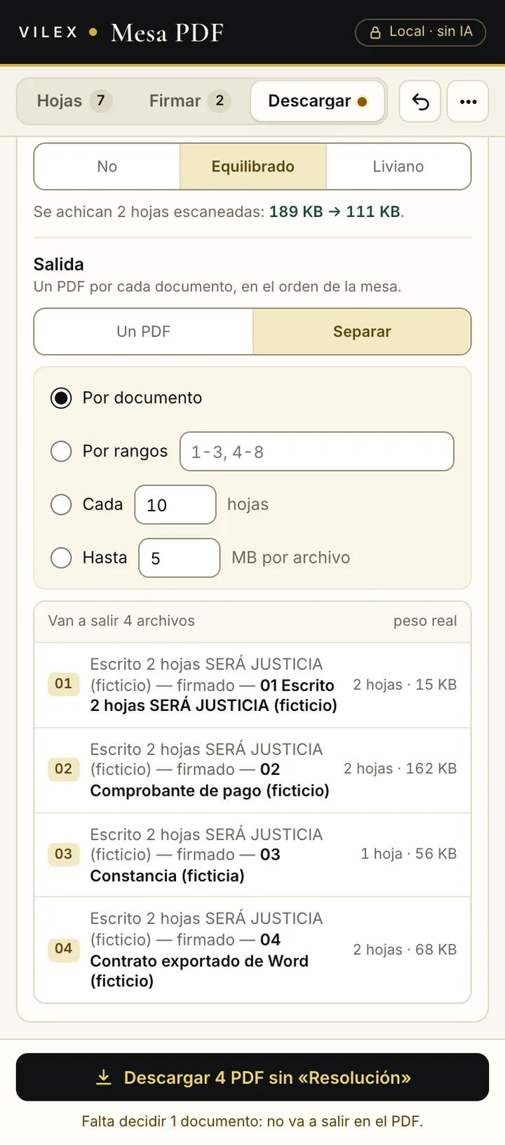 Opciones para achicar y separar el PDF