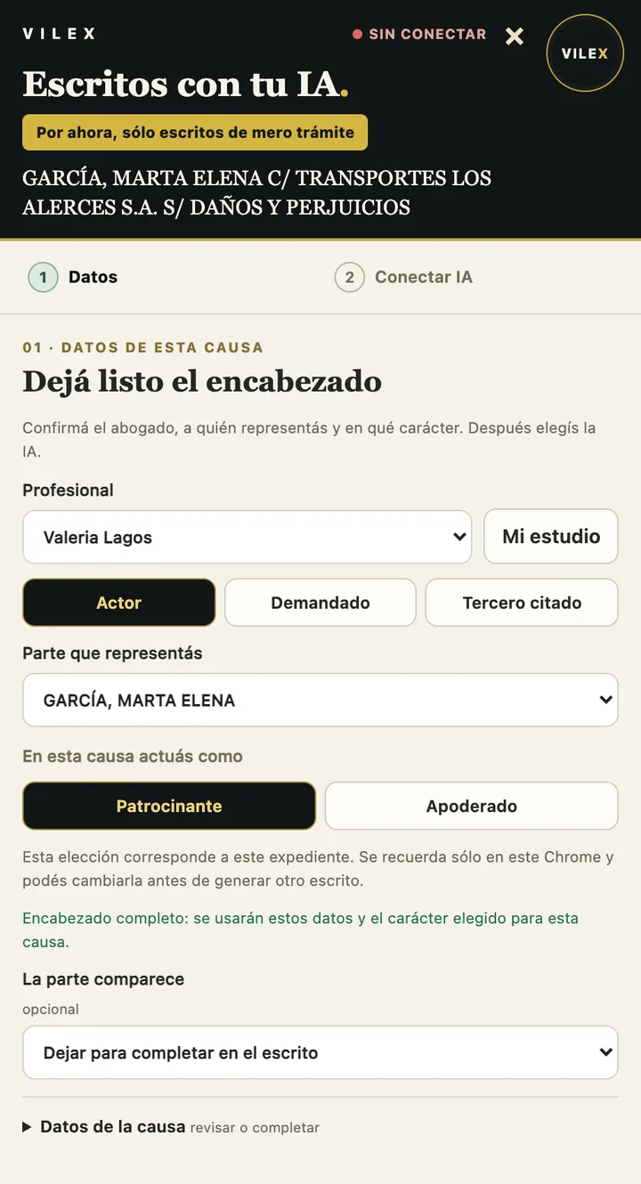 Paso Datos de esta causa en el panel de VILEX