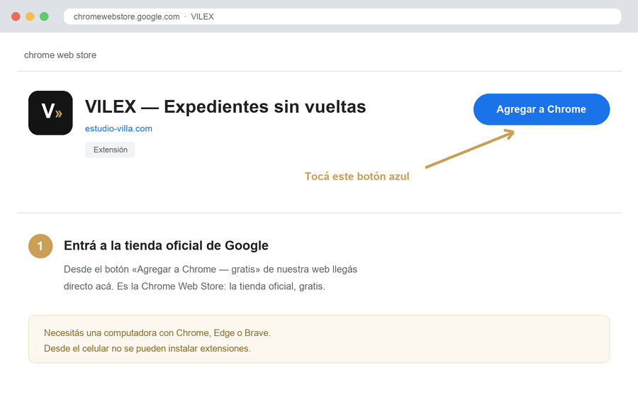 Paso 1: la ficha de VILEX en la Chrome Web Store con el botón Agregar a Chrome