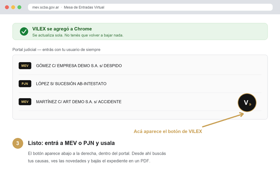 Paso 3: el botón de VILEX aparece dentro del portal judicial